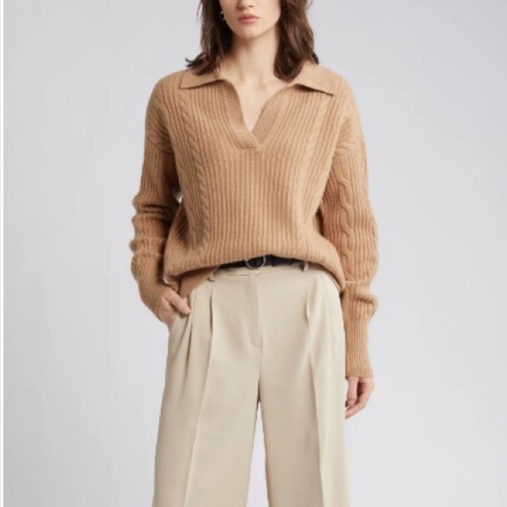 Nordstrom Signature Wool & Cashmere Calve Knot Beige Johnny Collar Sweater